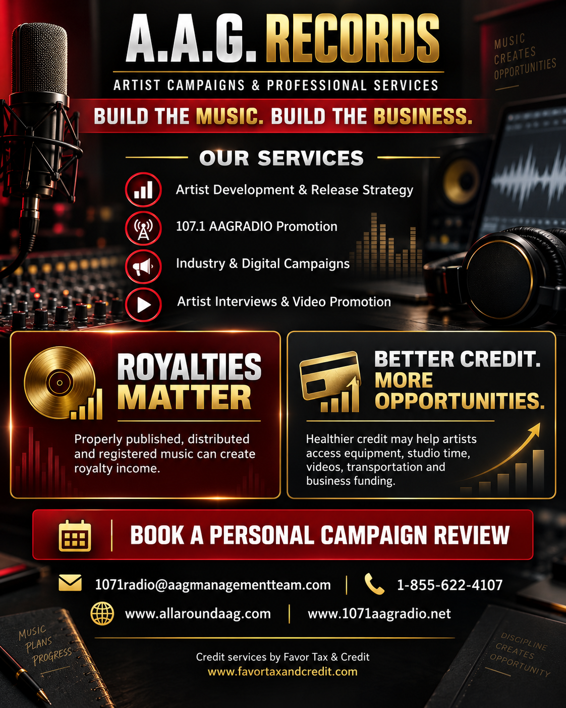 A.A.G. Records — Artist Campaigns & Professional Services. Build the Music. Build the Business. Services include Artist Development & Release Strategy, 107.1 AAGRADIO Promotion, Industry & Digital Campaigns, Artist Interviews & Video Promotion. Book a Personal Campaign Review.